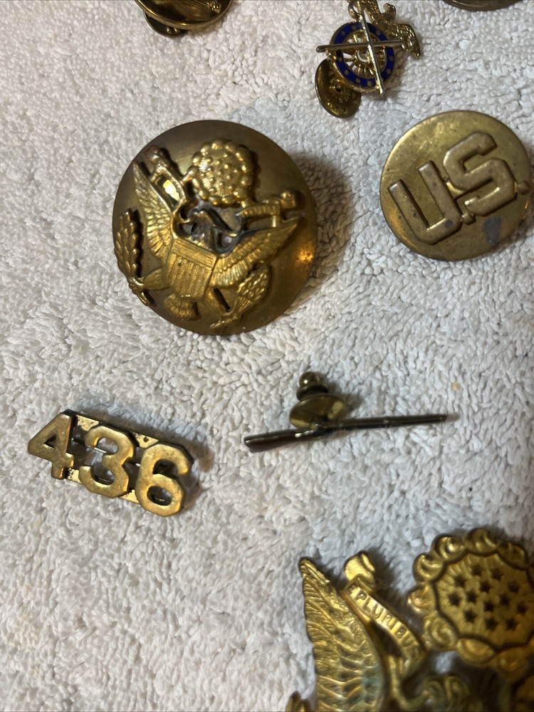 50 Military Army Hat Pins Lapel Medals US Eagle Cross Rifles Used Originals