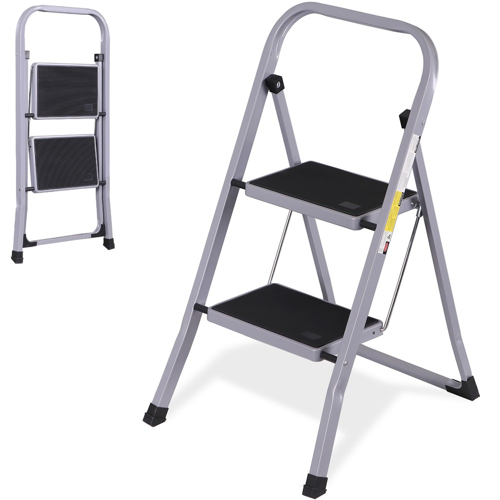2 Steps Ladder Lightweight Folding Step Stool Convenient Handgrip Sturdy, Gray