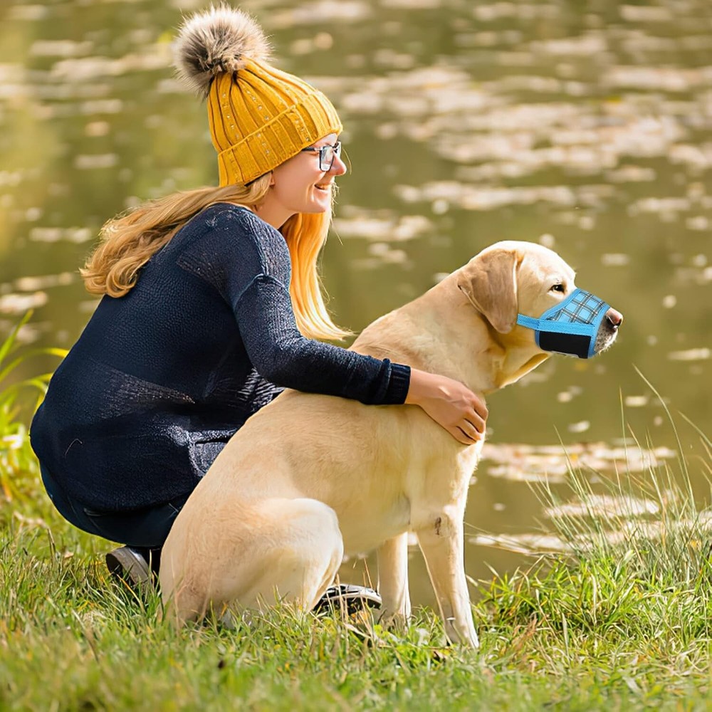 Comfortable Soft Nylon Dog Muzzle with Drinking Capability - Large P-Blue Plaid