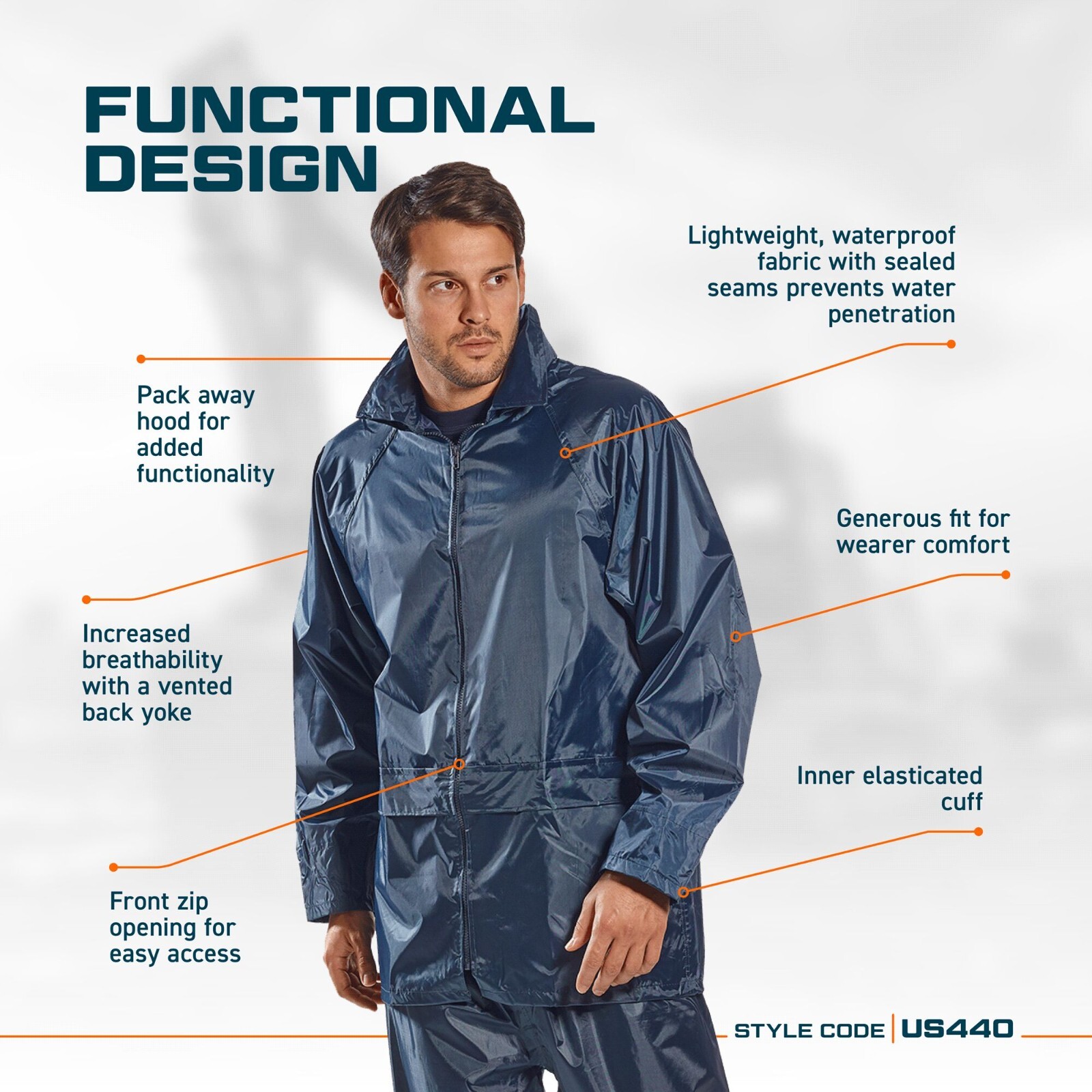 Portwest US440 Mens Waterproof Rain Jacket Lightweight Coat Pack Away Hood