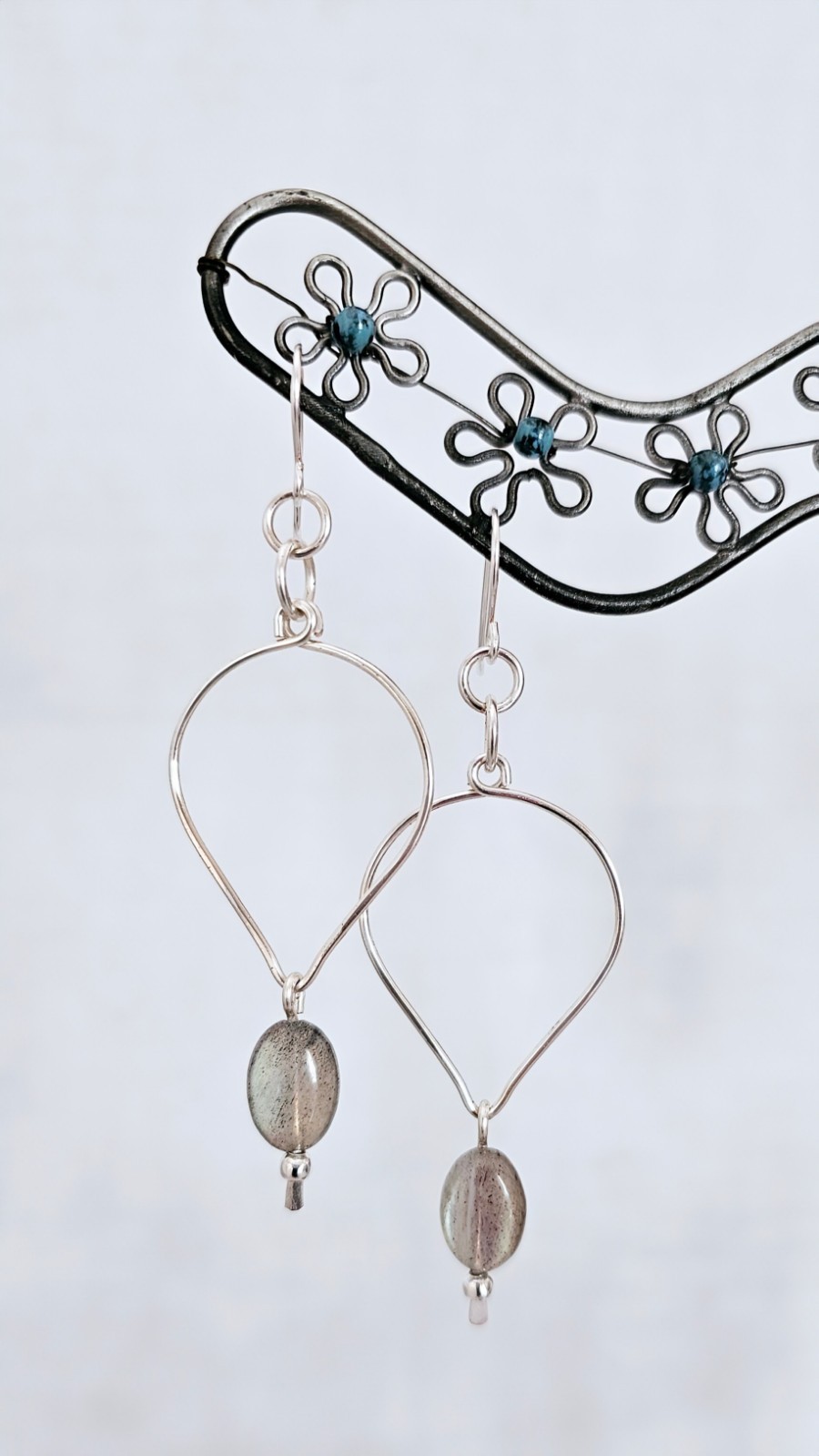 Handmade Silver Teardrop Hoop Dangle Boho Earrings with Labradorite Gemstones