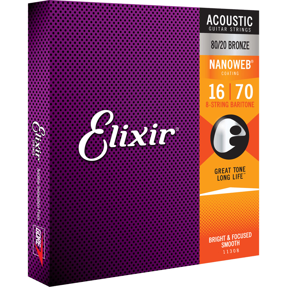 Elixir NANOWEB 80/20 Bronze Acoustic — 11308 8-String Baritone .016-.070