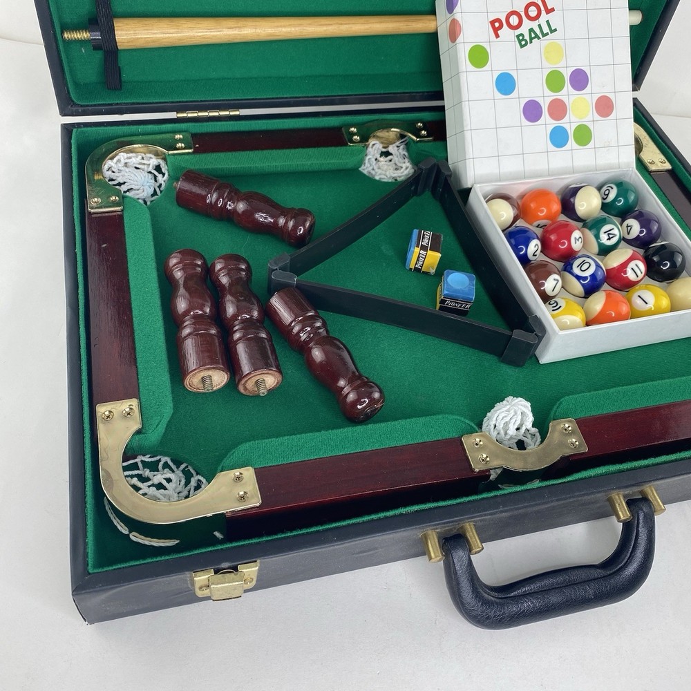 Vintage Mini Portable Pool Table Set in Briefcase Complete Table Balls Cues Rack