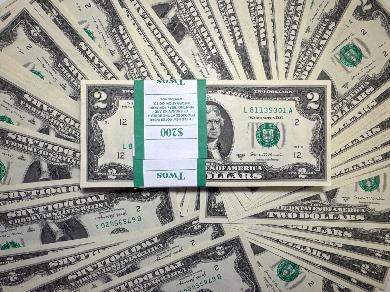 🇺🇸 Pack of 5 NEW UNC $2 Bills 2017 A Consecutive Serials Two Dollar REAL CASH