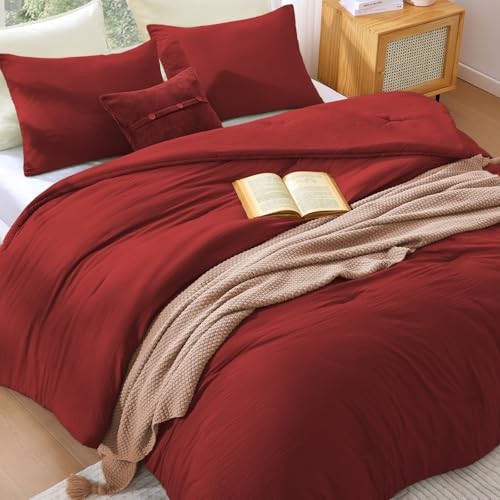 Queen Comforter Set - 3 Pieces Prewashed Comforter Queen(90"*90") Bright Red