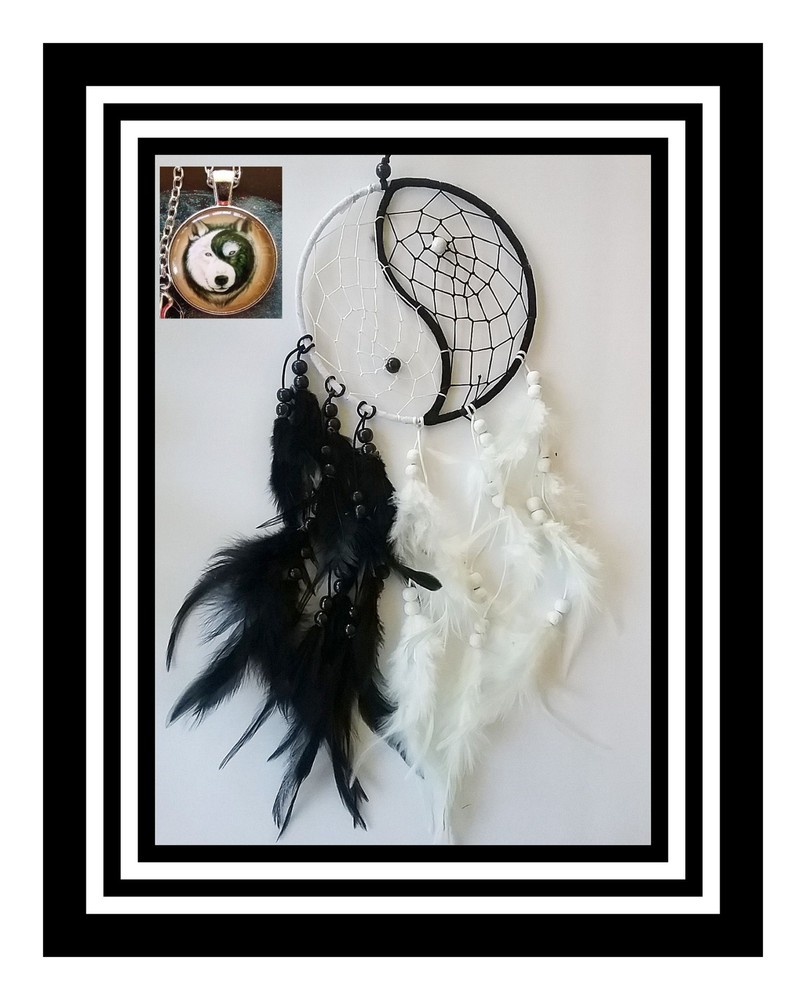 Black and White DREAMCATCHER WITH WOLF Mandala, Native American Design