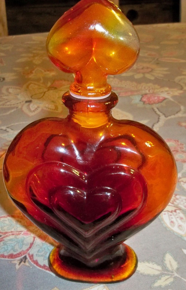 Triple Heart Ruby Red Amberline 8" Perfume Bottle With Stopper - NICE!
