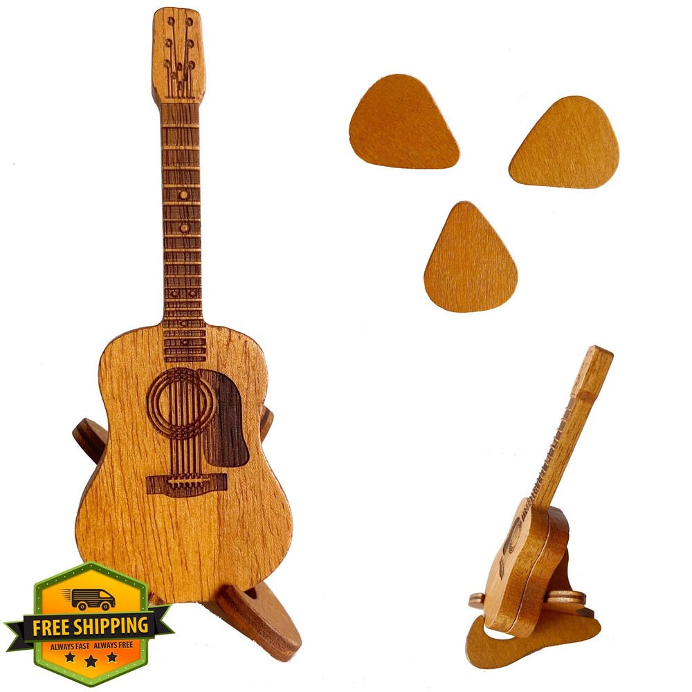 CHEVIXOR Wooden Guitar Pick Box Holder Stand 3 Picks Thin