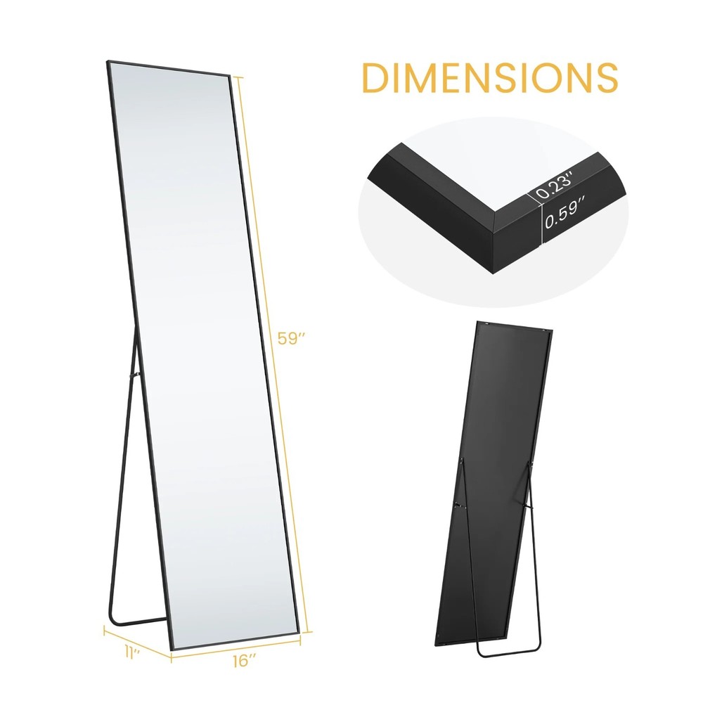 59"x16" Rectangle Full Length Mirror, Black Free Standing Floor Mirror