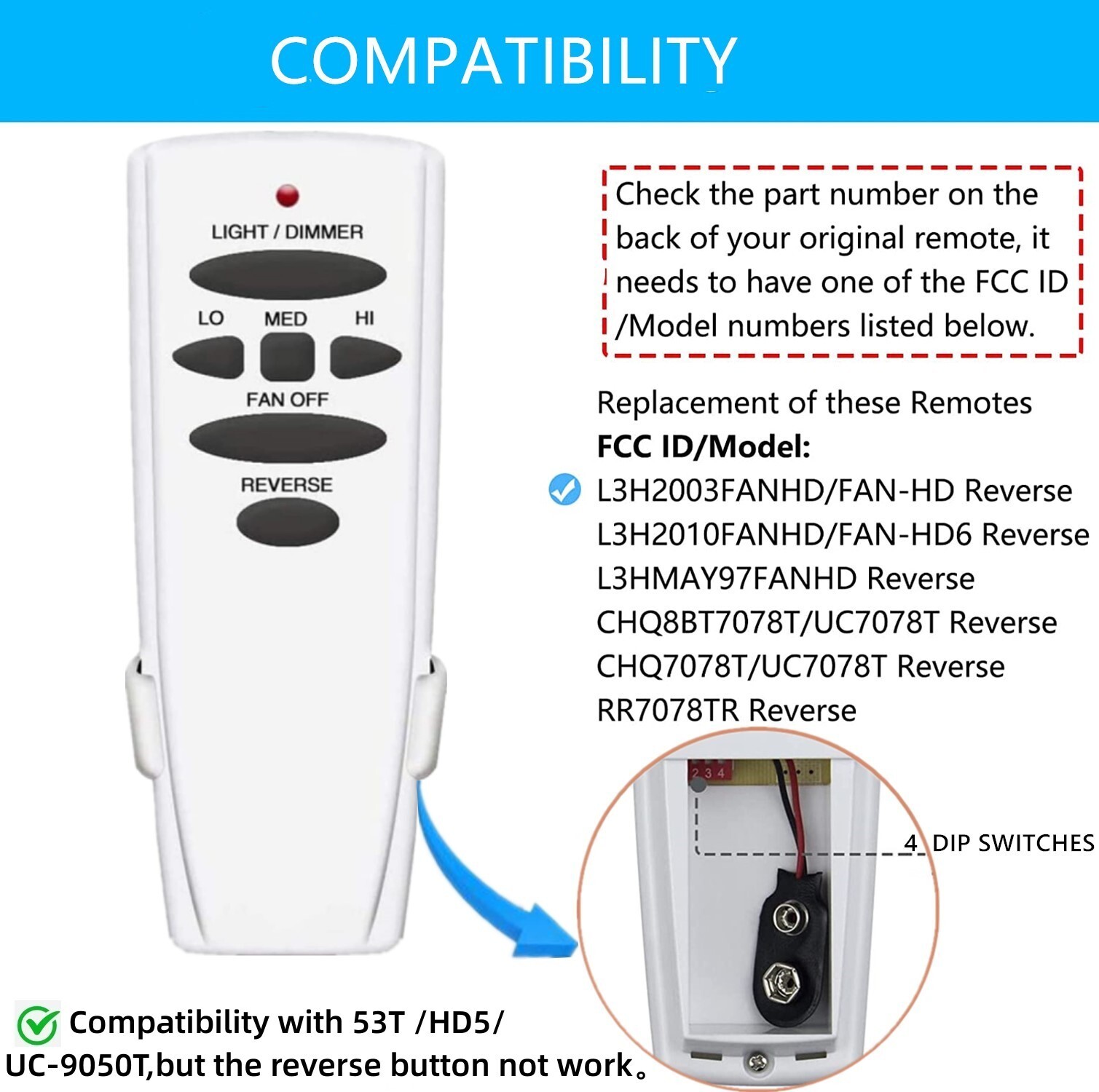 Reversing Ceiling Fan Remote Control for Hampton Bay Hunter UC7078T CHQ7078T