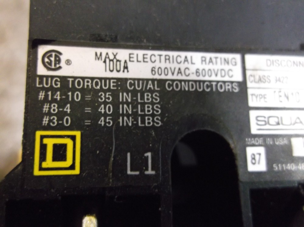 SQUARE D 9422 TEN10 DISCONNECT SWITCH 100A 600 VAC (855)