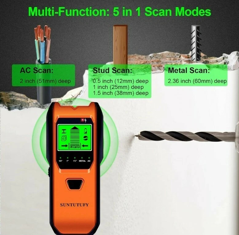 Suntutufy Stud Finder Wall Scanner TH530 - LCD - Auto Calibration -Stud/Rebar/AC