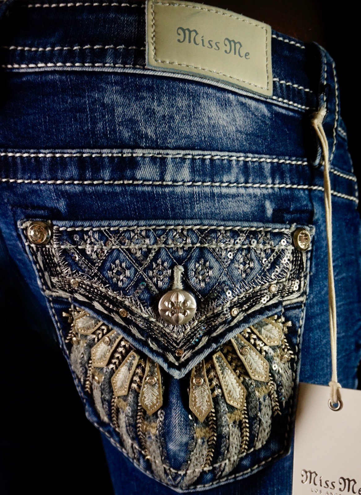 $118 Buckle Miss Me Jeans "Sequins Leather Fallen" Mid-Rise Boot 30 X 29 READ