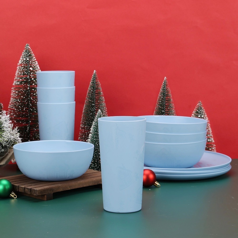 12-Piece Plastic Etched Gingerbread Dinnerware Set, Blue