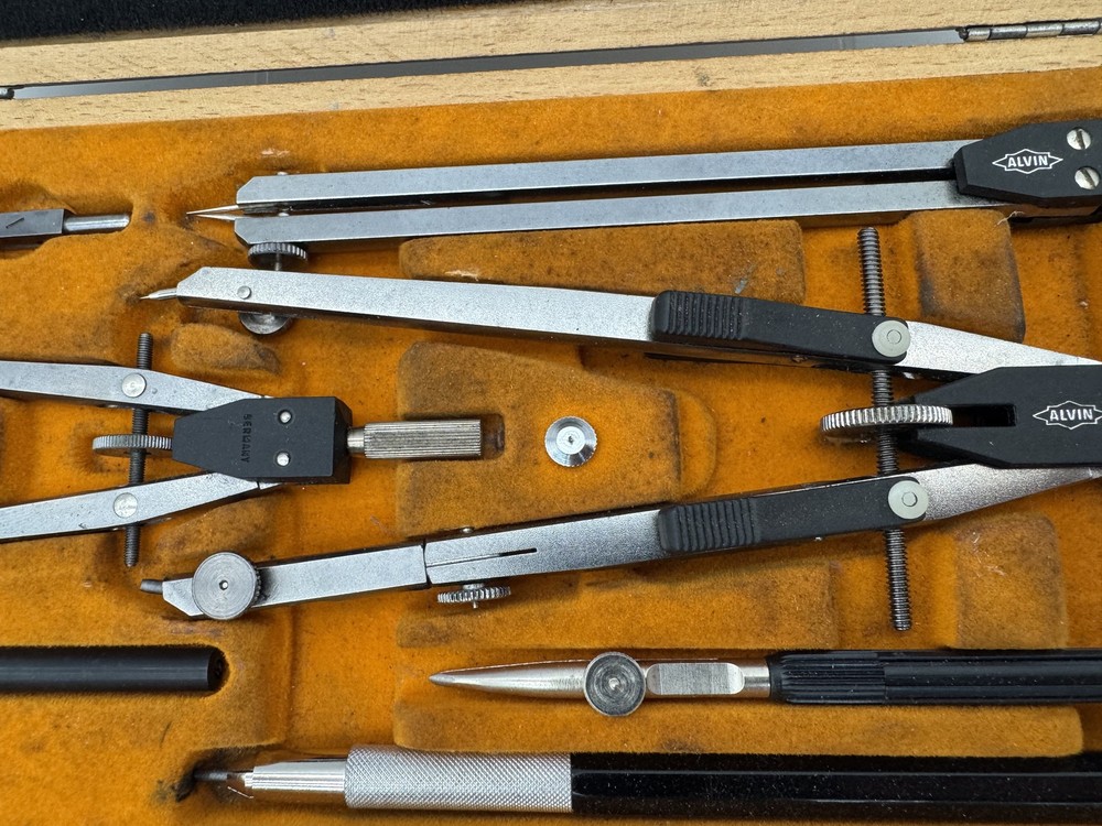 Vintage Alvin Precision Drawing Set Drafting Tools Compass German Wood Case