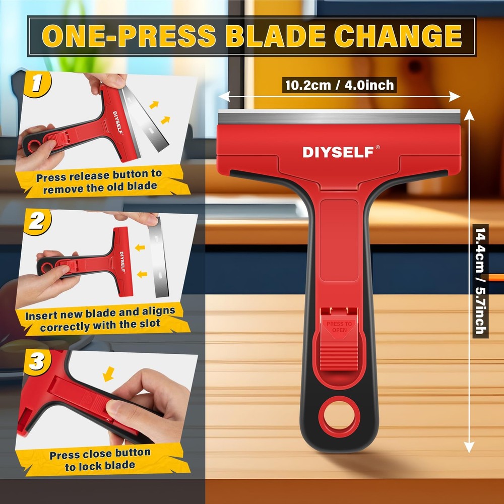 DIYSELF Razor Blade Scraper, 1 Pack Scraper Tool with 10PCS Metal Blades, Red
