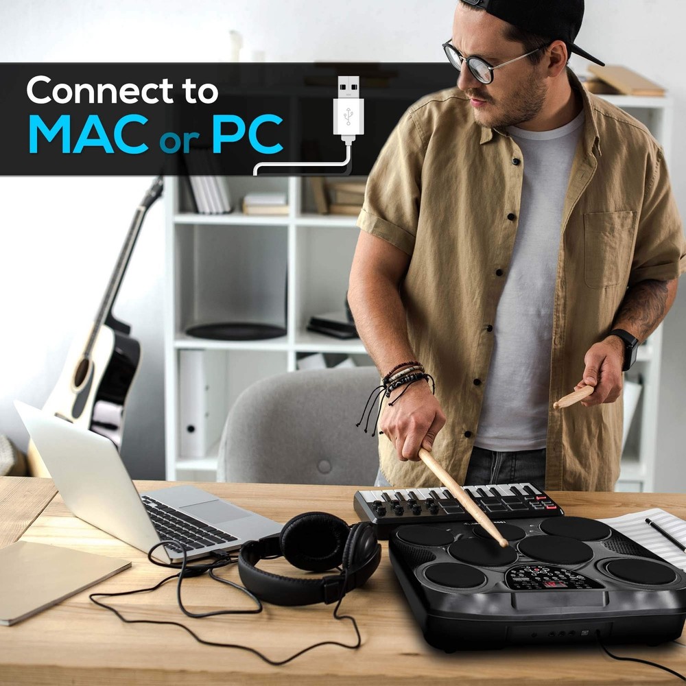 Pyle Electronic Tabletop Digital Drum Set, Compact Portable Drum Pad Kit w/ 8