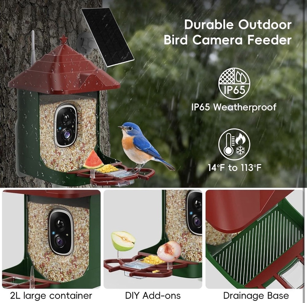 Smart Bird Feeder with Camera, Solar Panel & 5200mAh Battery,