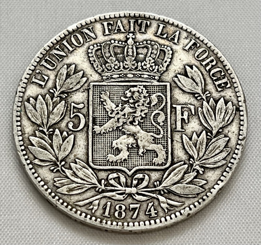 1874 Belgium Silver 5 Francs