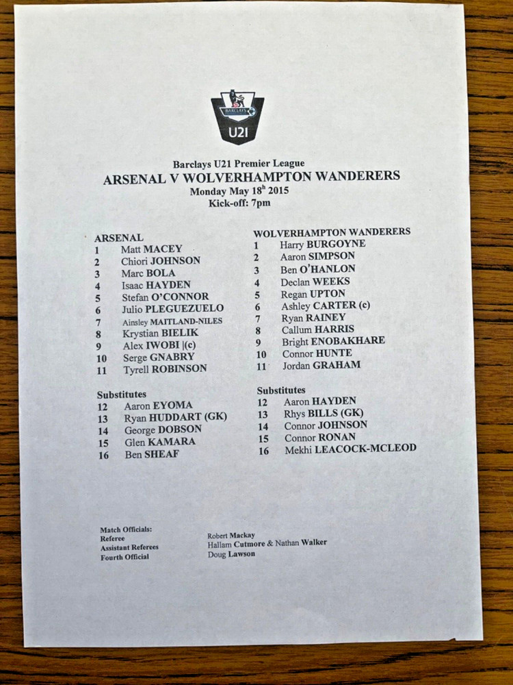 Arsenal vs Wolverhampton Wanderers Matchday  Programme/Teamsheet, 18/5/2015