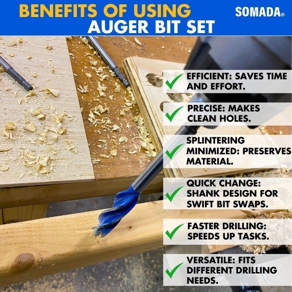 SOMADA Auger Drill Bit Set for Wood, 4-Piece, 1/2", 5/8", 3/4" and 1" Inch Size