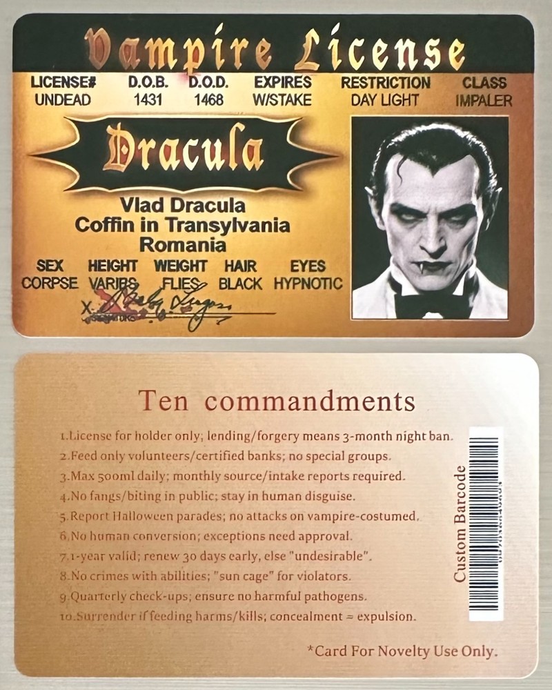 Vampire License Card - Joke Prop | Dracula | Halloween