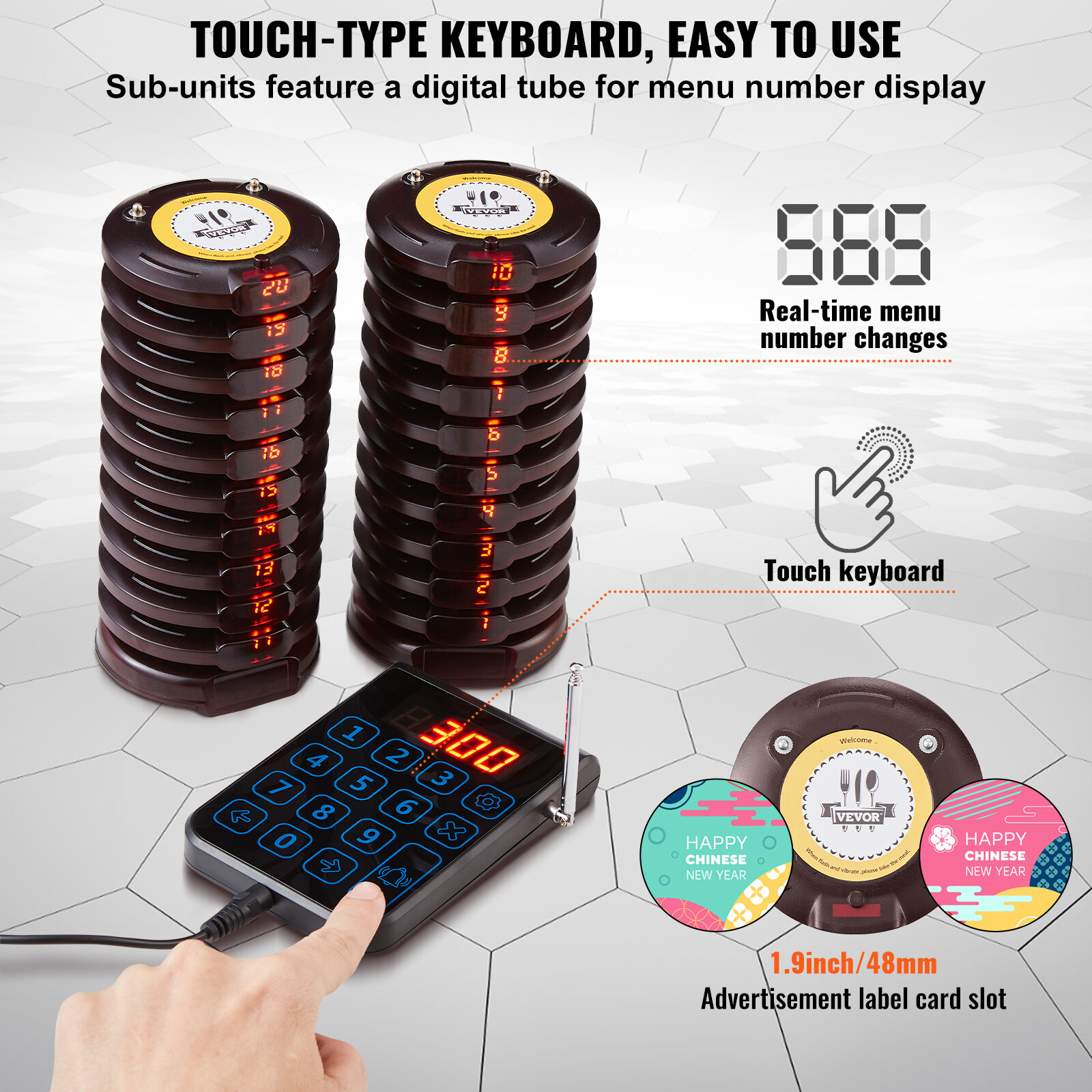 VEVOR 20+1 Pagers Restaurant Pager System Wireless Food Service 24h Standby Time