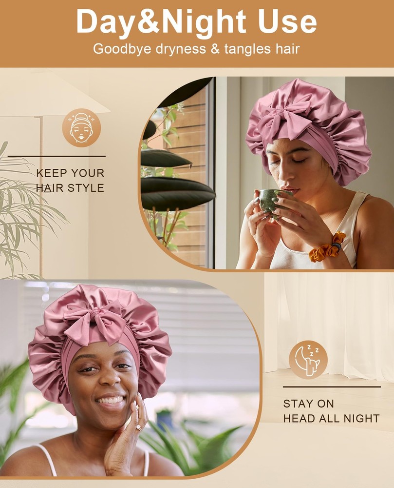 Extra Large Satin Bonnet for Sleeping Jumbo Silk Large, Bean Paste + Pink