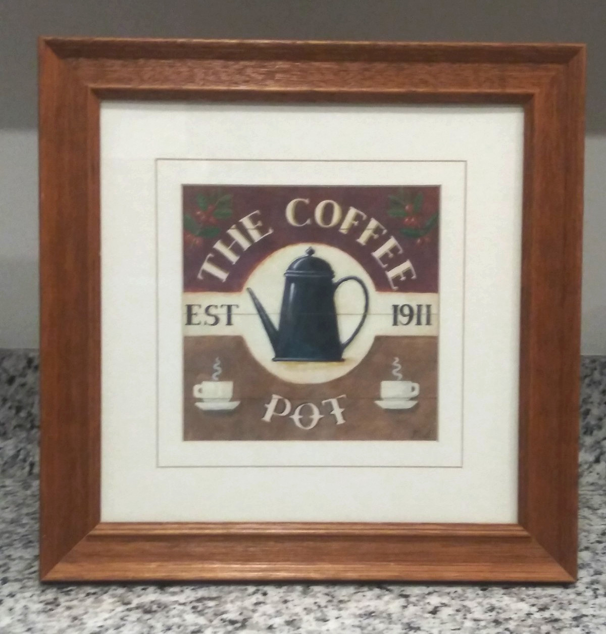 Coffee Themed Wall art "THE COFFEE POT " wood framed w/glass wall hanging 15x15