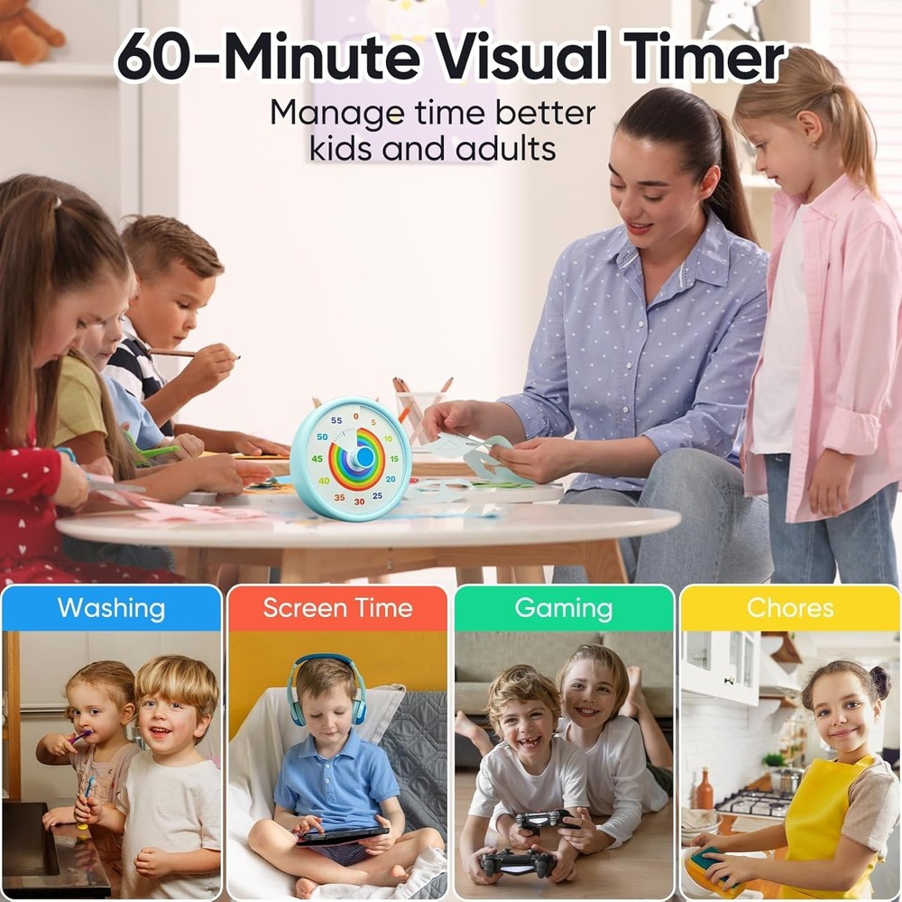 Rainbow Visual Timer for Kids, 60 Minute Silent Countdown Clock with Color Disk,