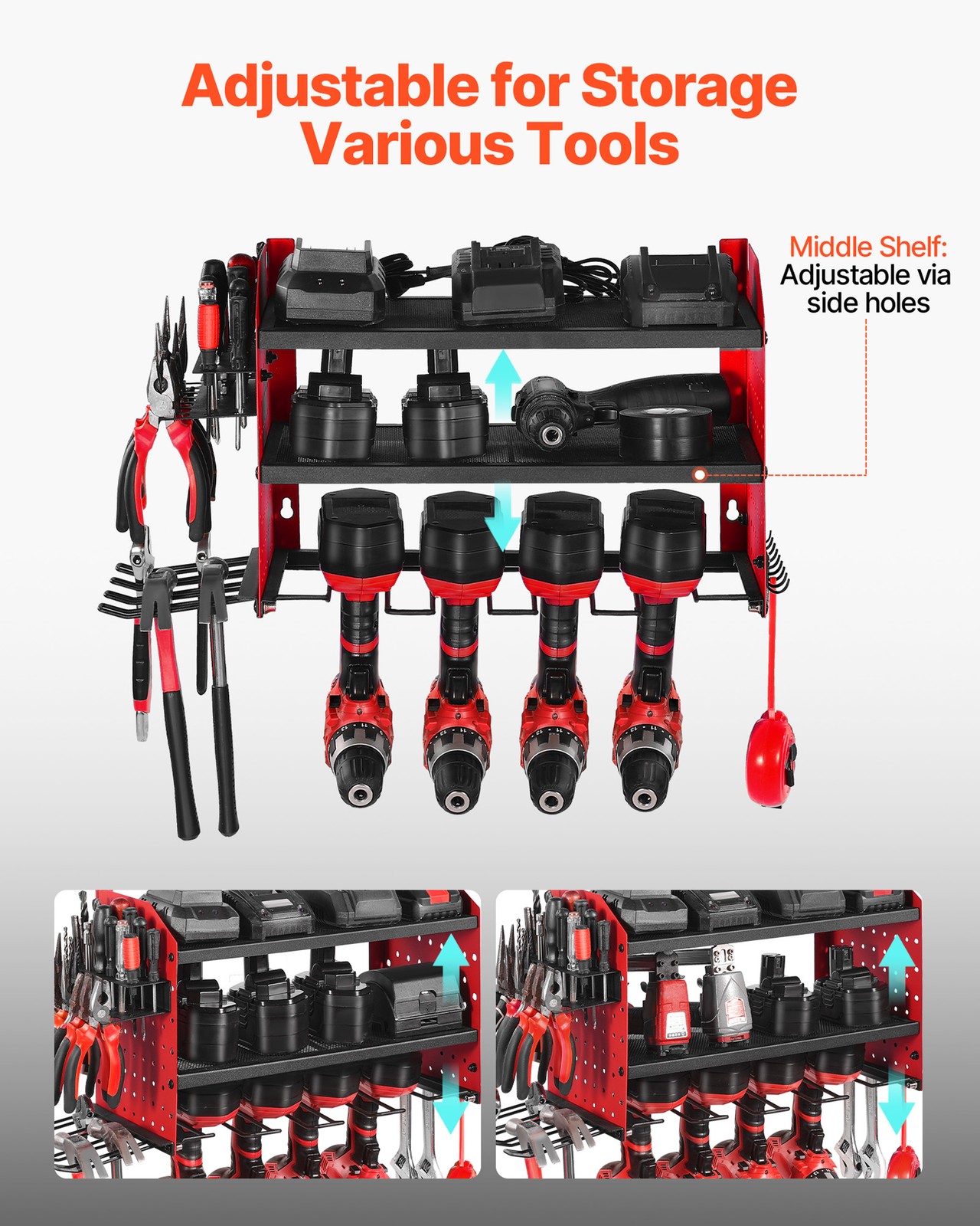 VEVOR Power Tool Organizer Wall Mount 3-Layer Drill Storage Rack 4 Drill Holders