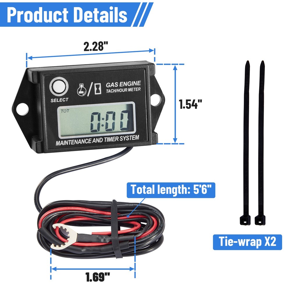 Waterproof Digital Tiny Tach Hour Meter Tachometer Meter Inductive Small Engine