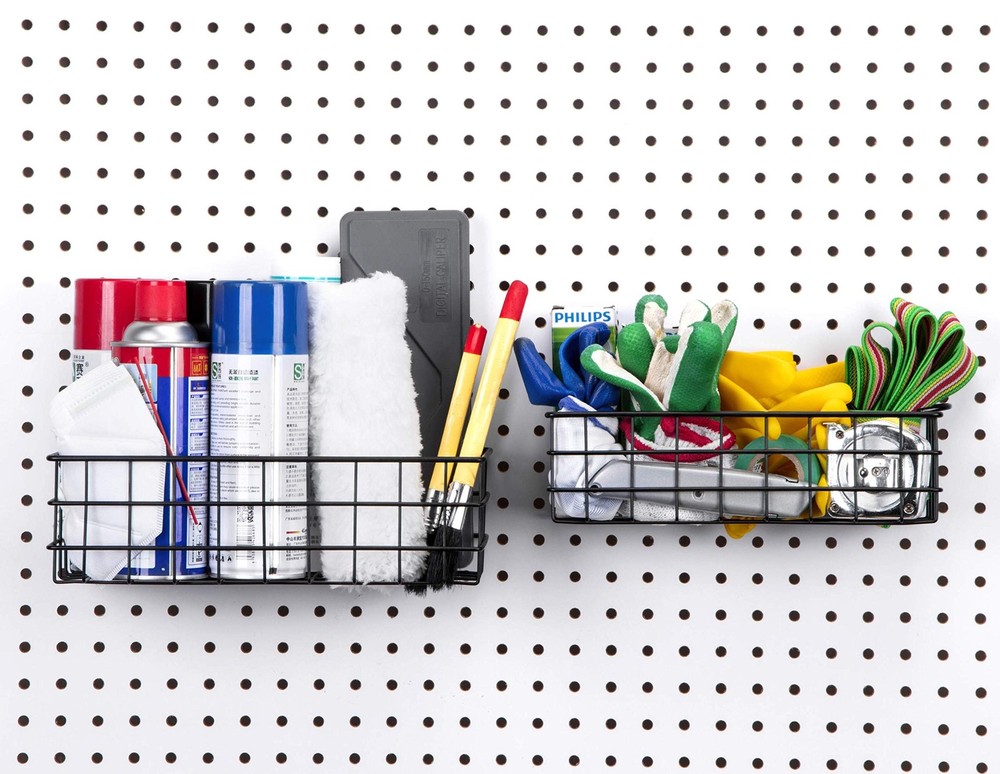 2 PCS Pegboard Baskets Medium Small Black Hooks Organize Tools Garage Storage