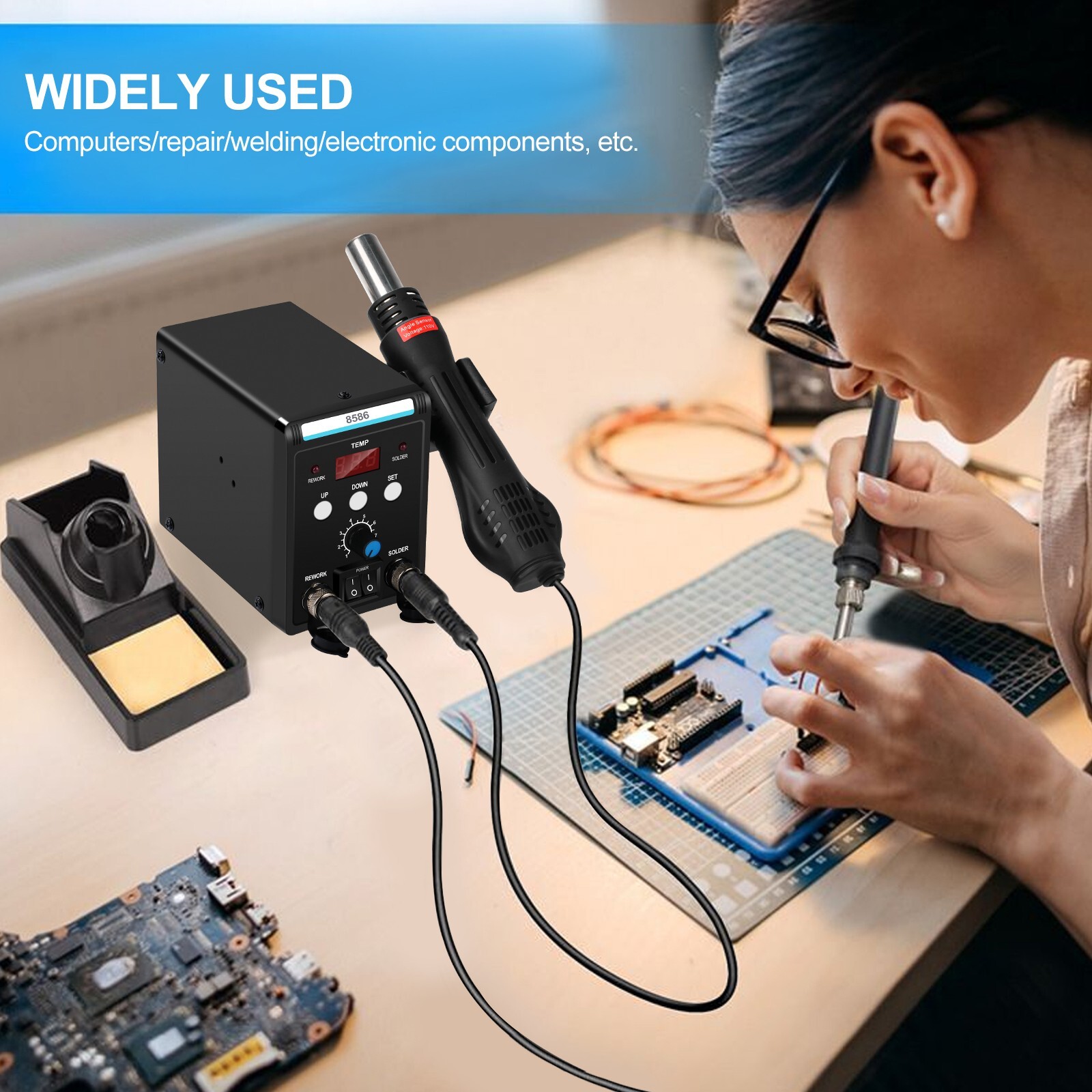 2-in-1 Rework Soldering Station 8586 Hot Air Gun Solder Iron Repair Tool 110V US
