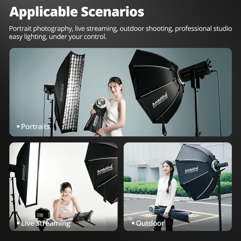 AMBITFUL 25.6" / 65cm Octagonal Softbox, Quick Release with Bowens Mount & Sp...