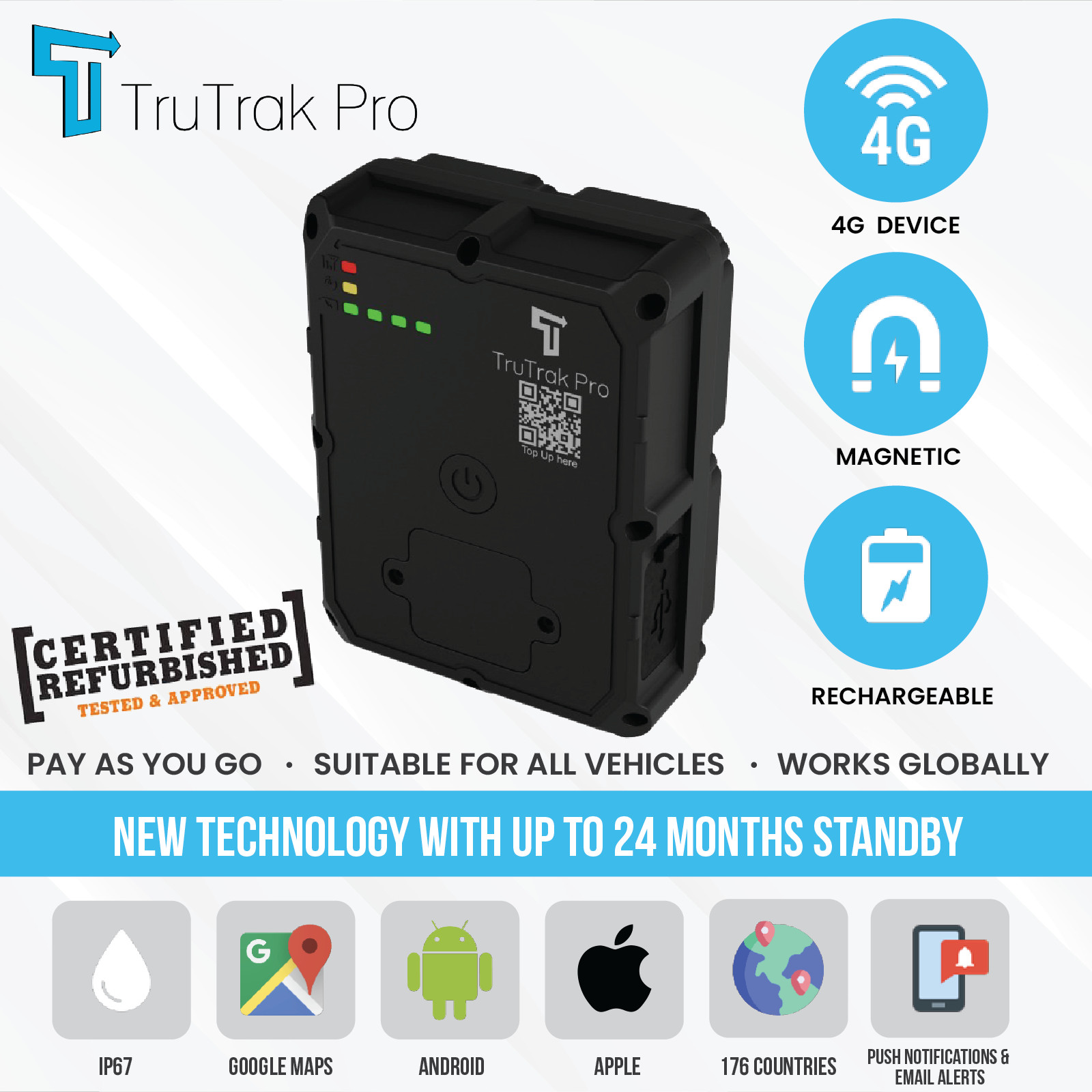 TruTrak GAT24 GPS Tracker 4G - Real Time magnetic vehicle Tracker- REFURBISHED