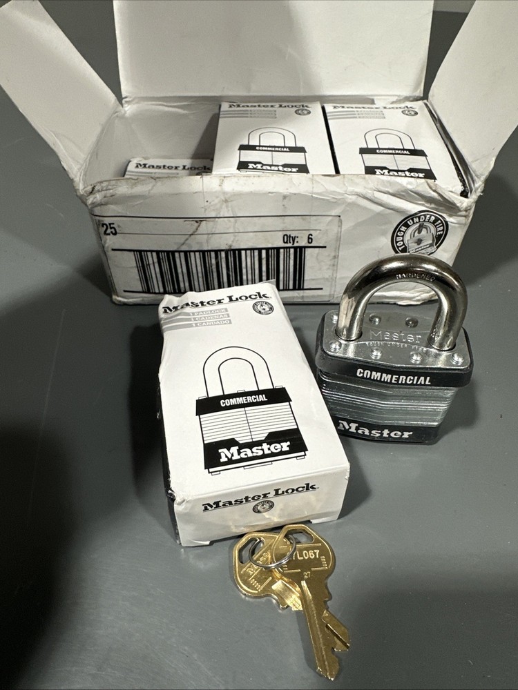Master Lock 25 Padlock, Keyed Different, Standard Shackle, Rectangular (6 Pack)