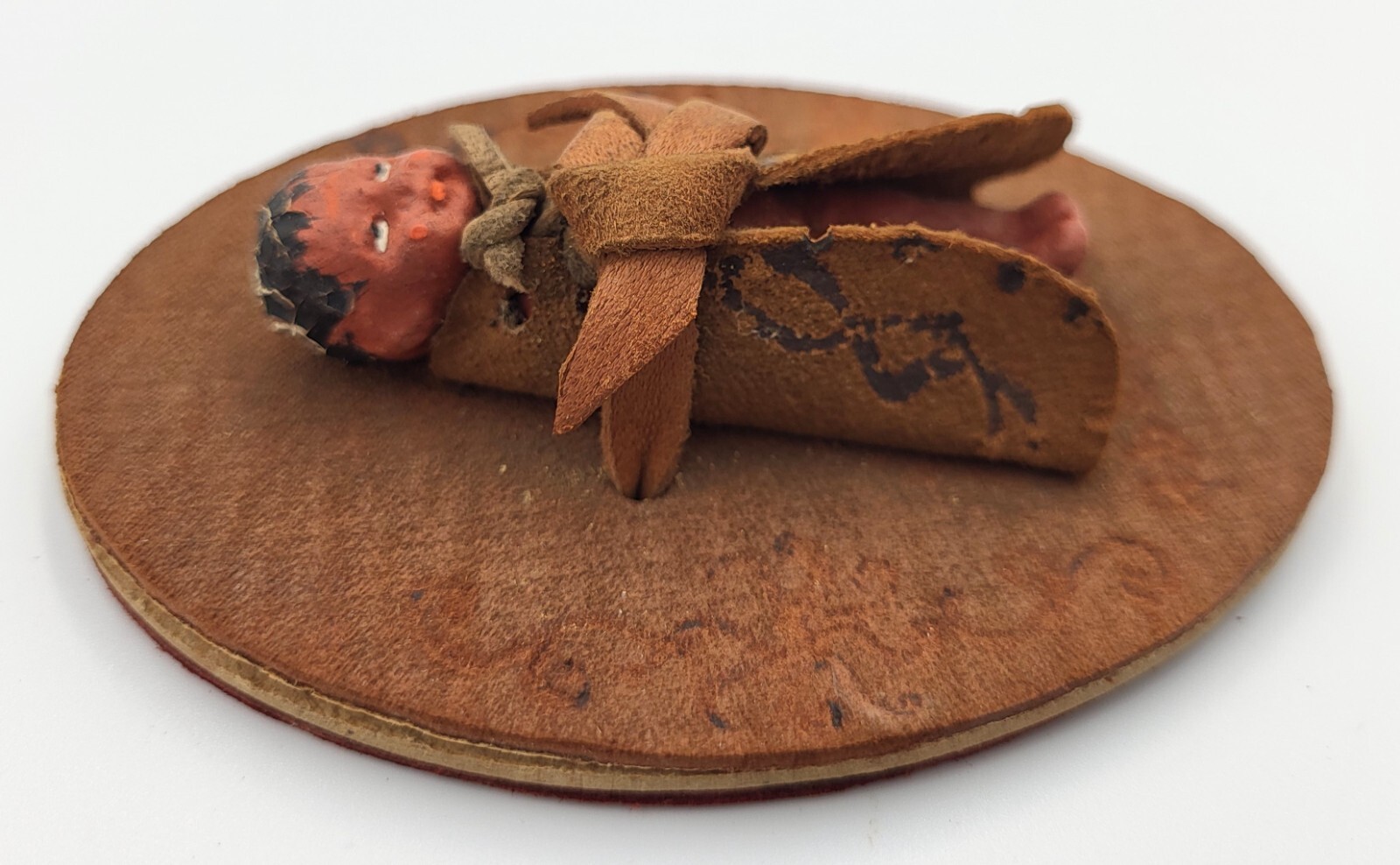 Antique Hand Crafted Clay And Leather Native American Papoose Cradle Doll