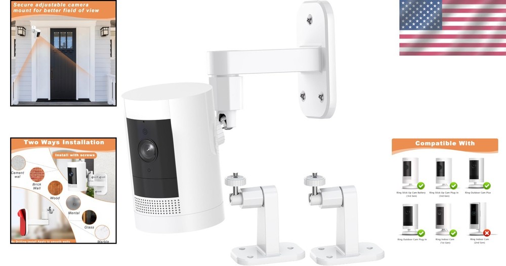 2-Pack Adjustable Ring Camera Wall Mount - 360° Rotation, No Drill Installation