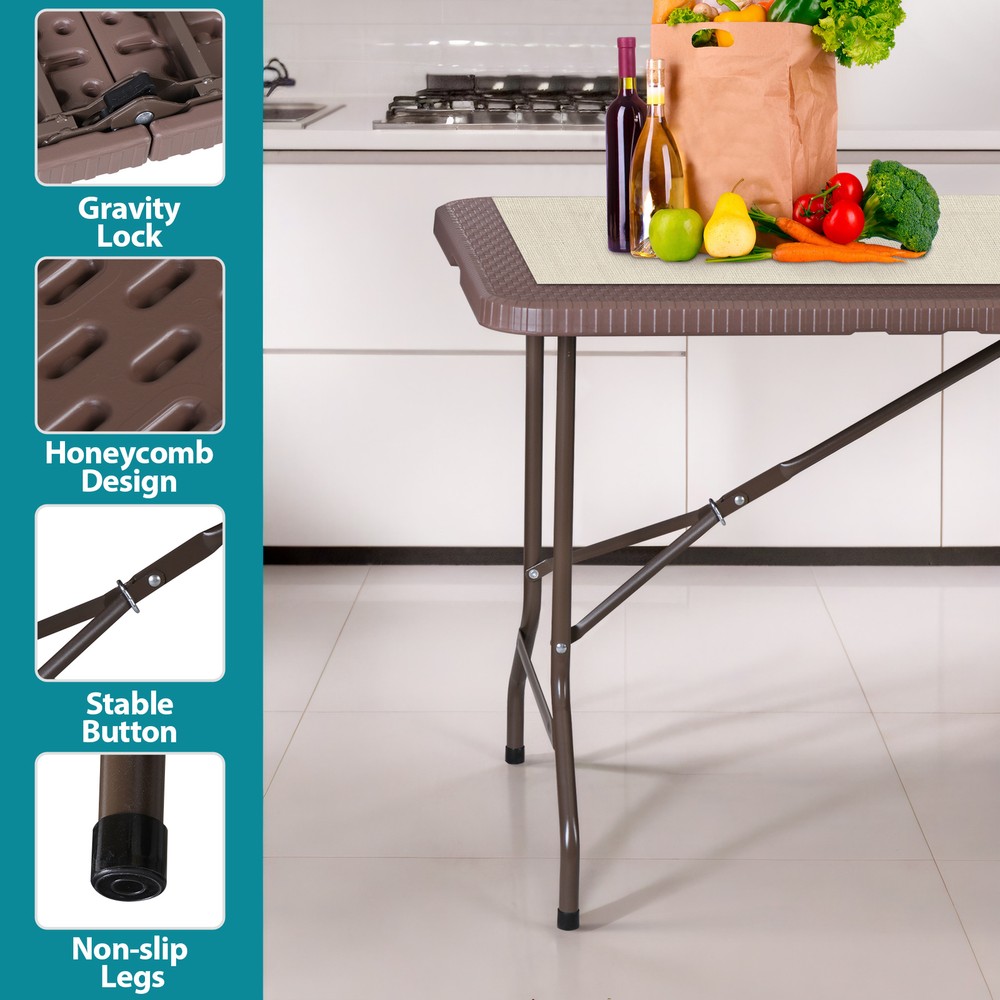 6ft Folding Table Portable Foldable Card Table Fold-in-Half Utility Table Brown