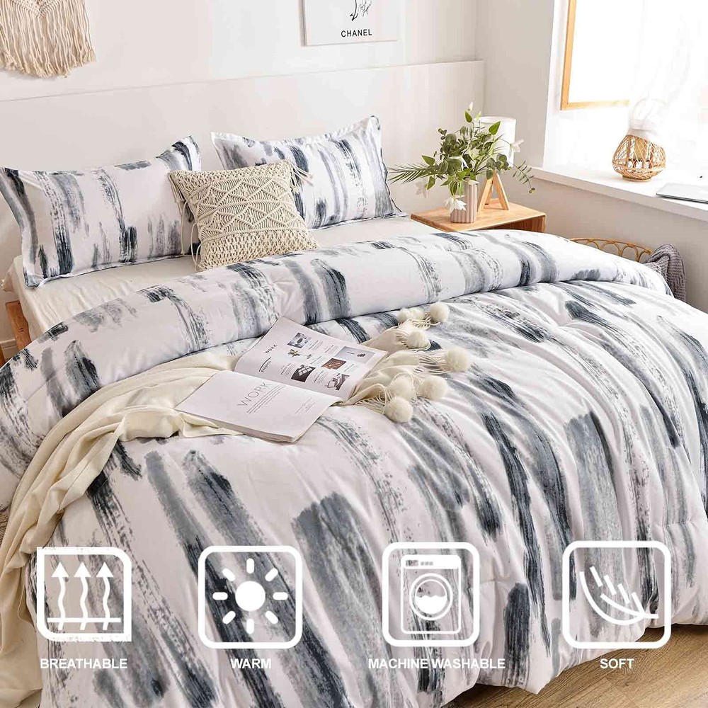 Nanko Queen Comforter Set 3pc, Art Grey White Printed Pattern Reversible Down