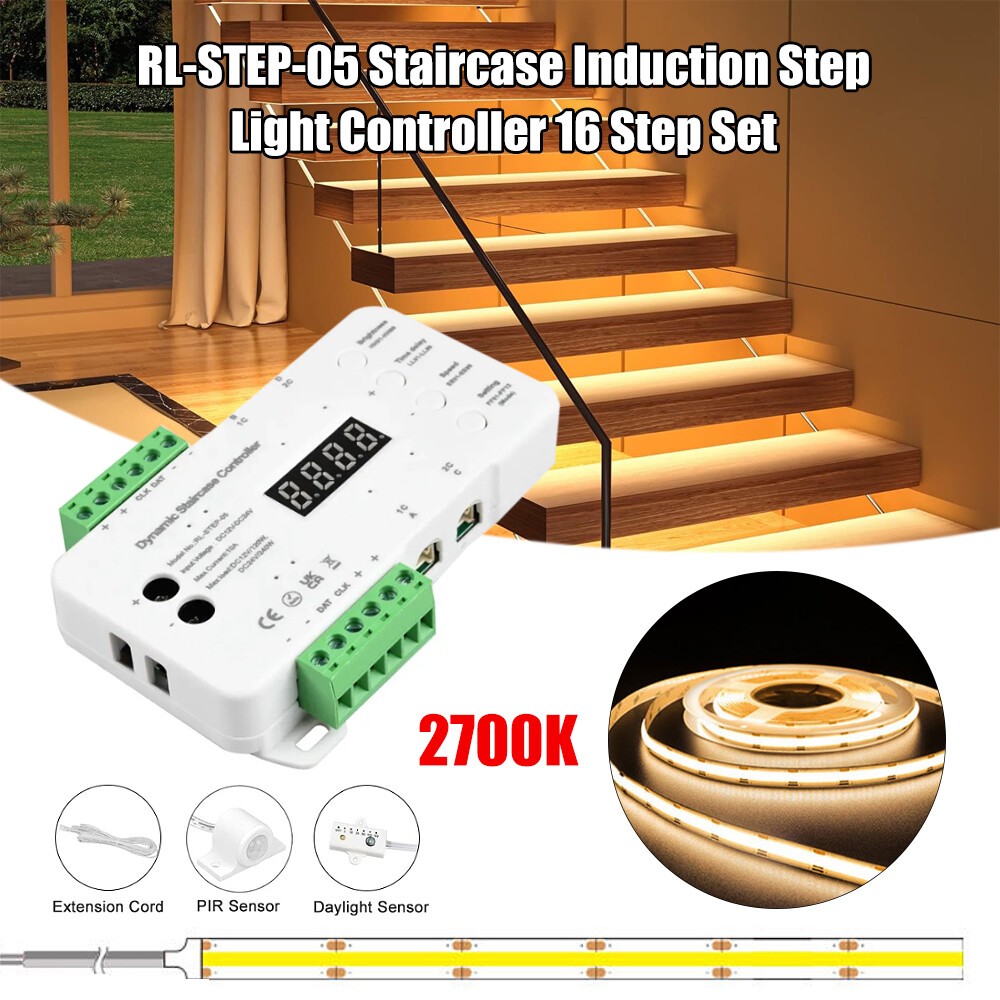 16 Steps LED Strip Light Stair Lighting Controller Motion Sensor System Full Set