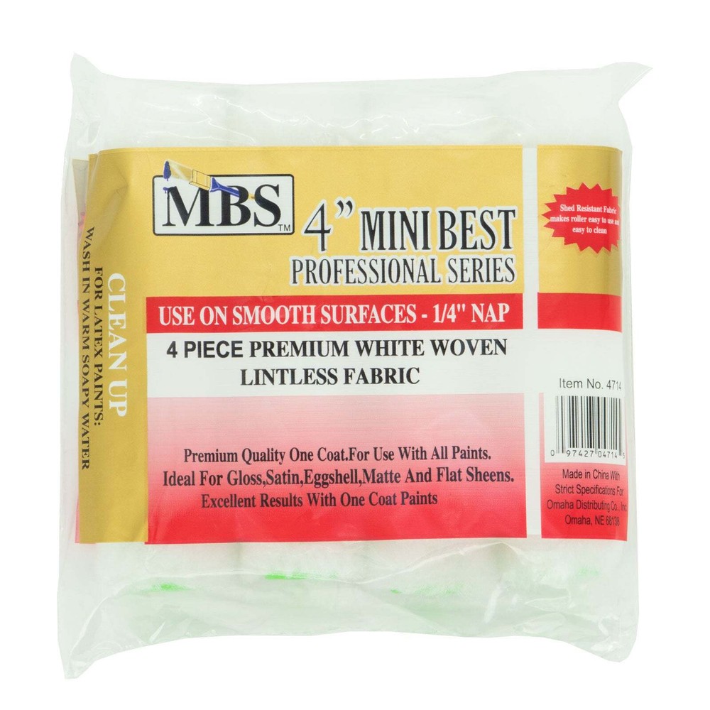 MBS 4PC 4" Mini Roller Covers 1/4" Nap Premium White Woven Fabric