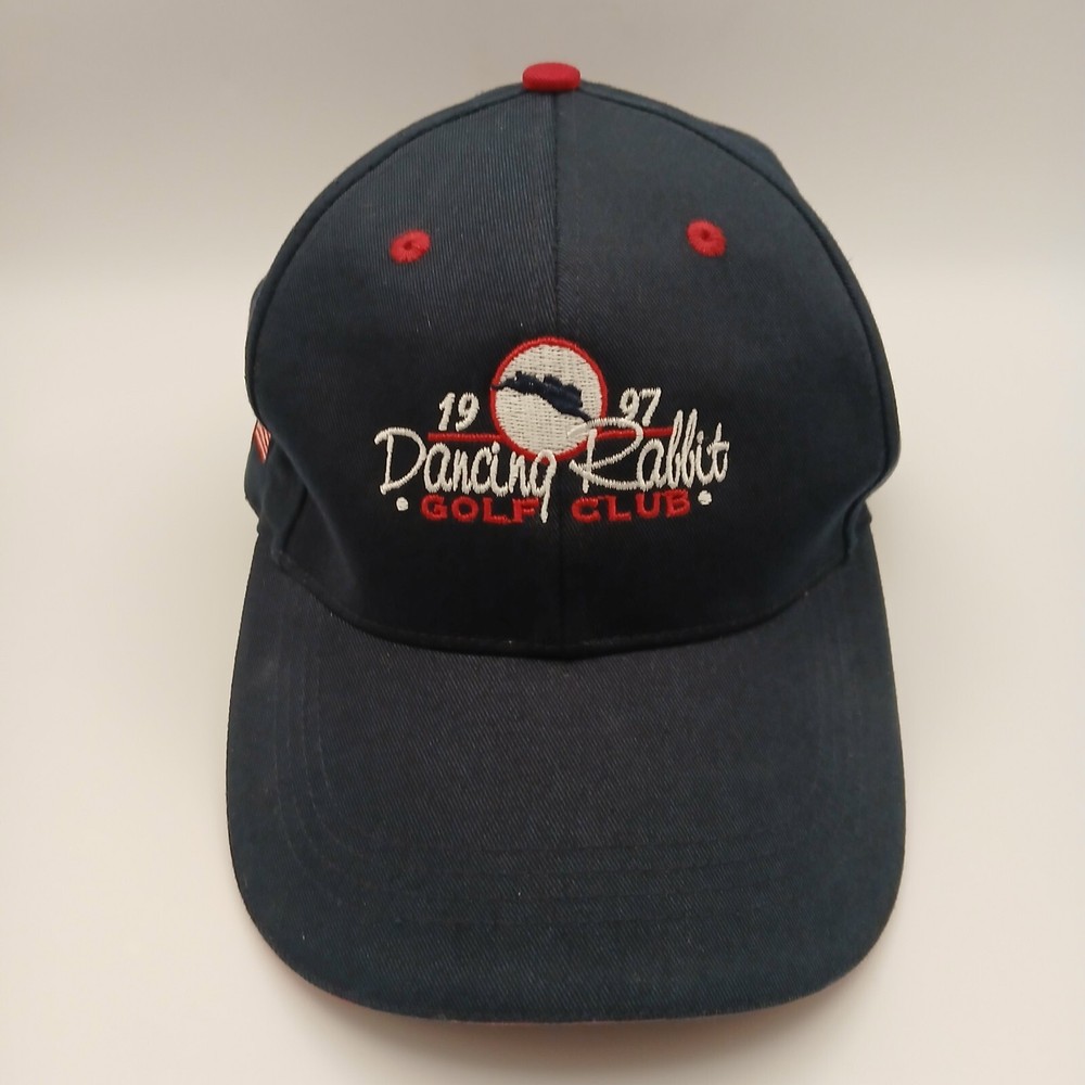 Dancing Rabbit Golf Club Hat Cap Ahead Strapback Navy Blue White Red Script Flag