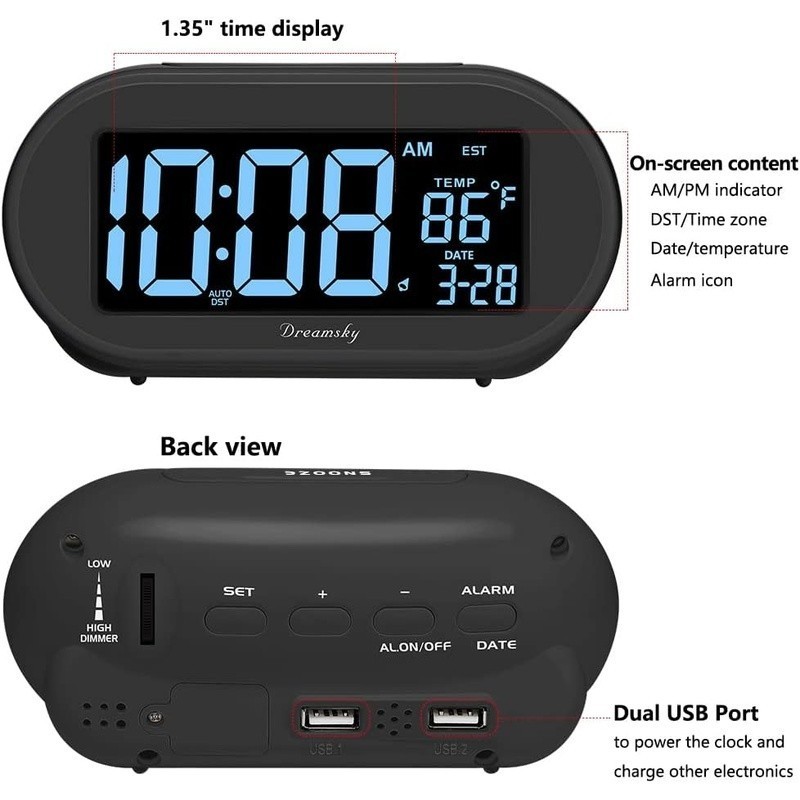 Auto Setting Alarm Clock W/ Dimmable Display USB Charging Dual Backup Battery