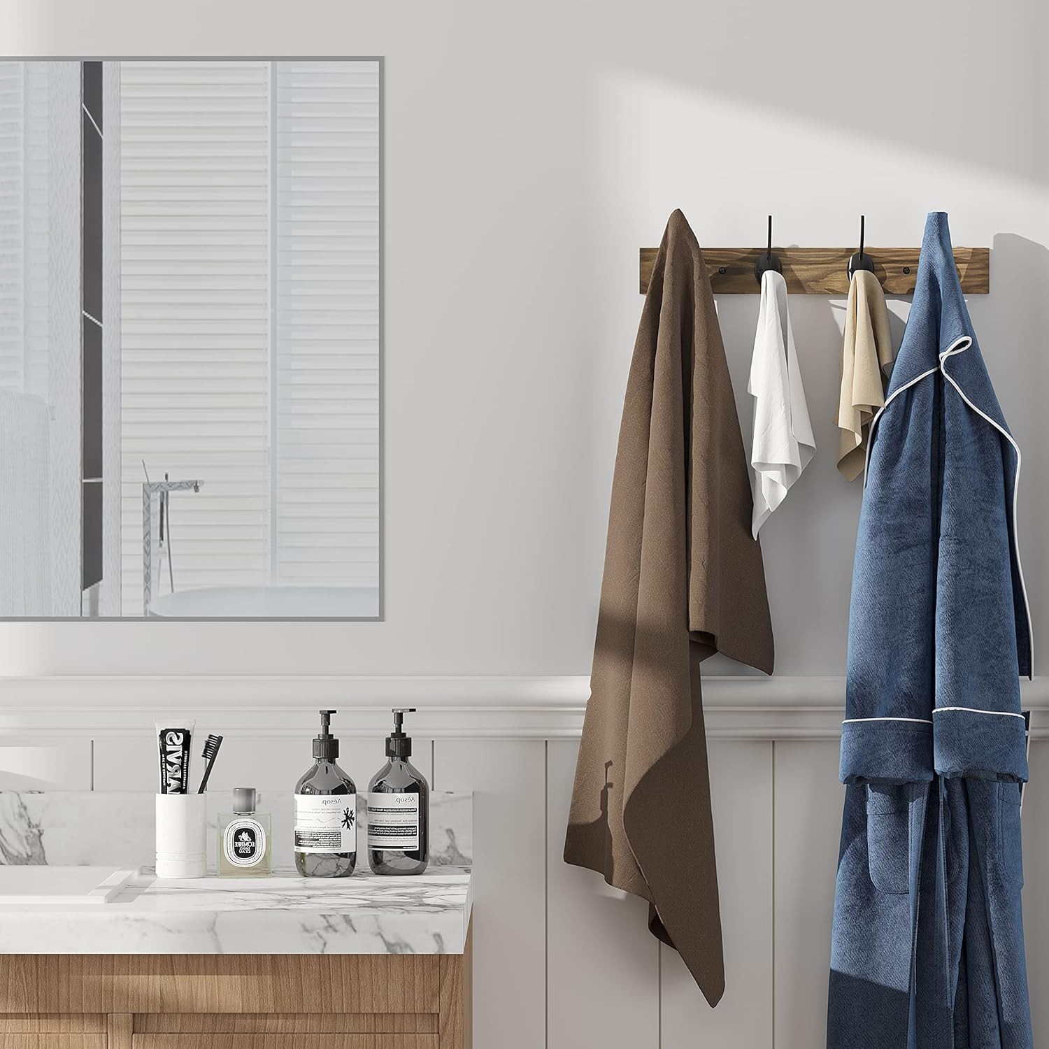 Coat Hooks Wall Mounted, Wooden Hat Rack with 4 for 1 Pack, Brown