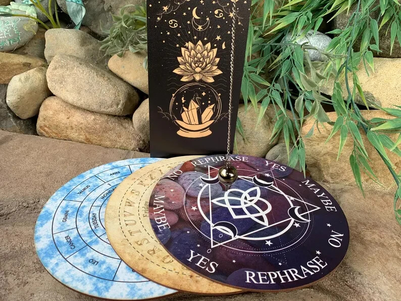 Handmade Dowsing Set Five Pc, Pendulum Divination Mat, Dowsing Kit, 3 Divination