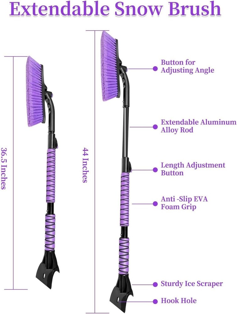 44 Inch Extendable Snow Brush & Ice Scraper - Scratch-Free Purple Design