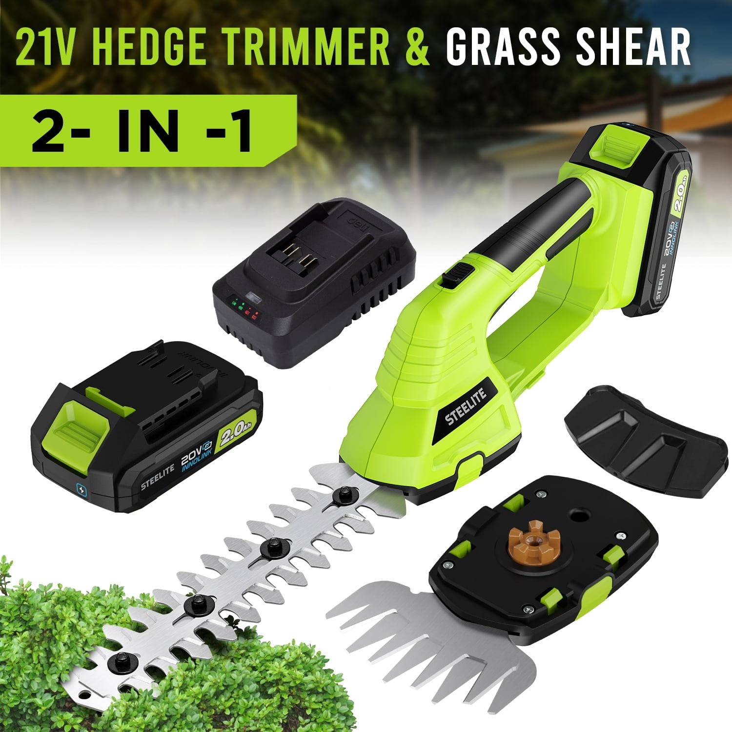 Steelite 21V Cordless Hedge Trimmer 2 in 1 Electric Grass Shear & Shrub Trimmer