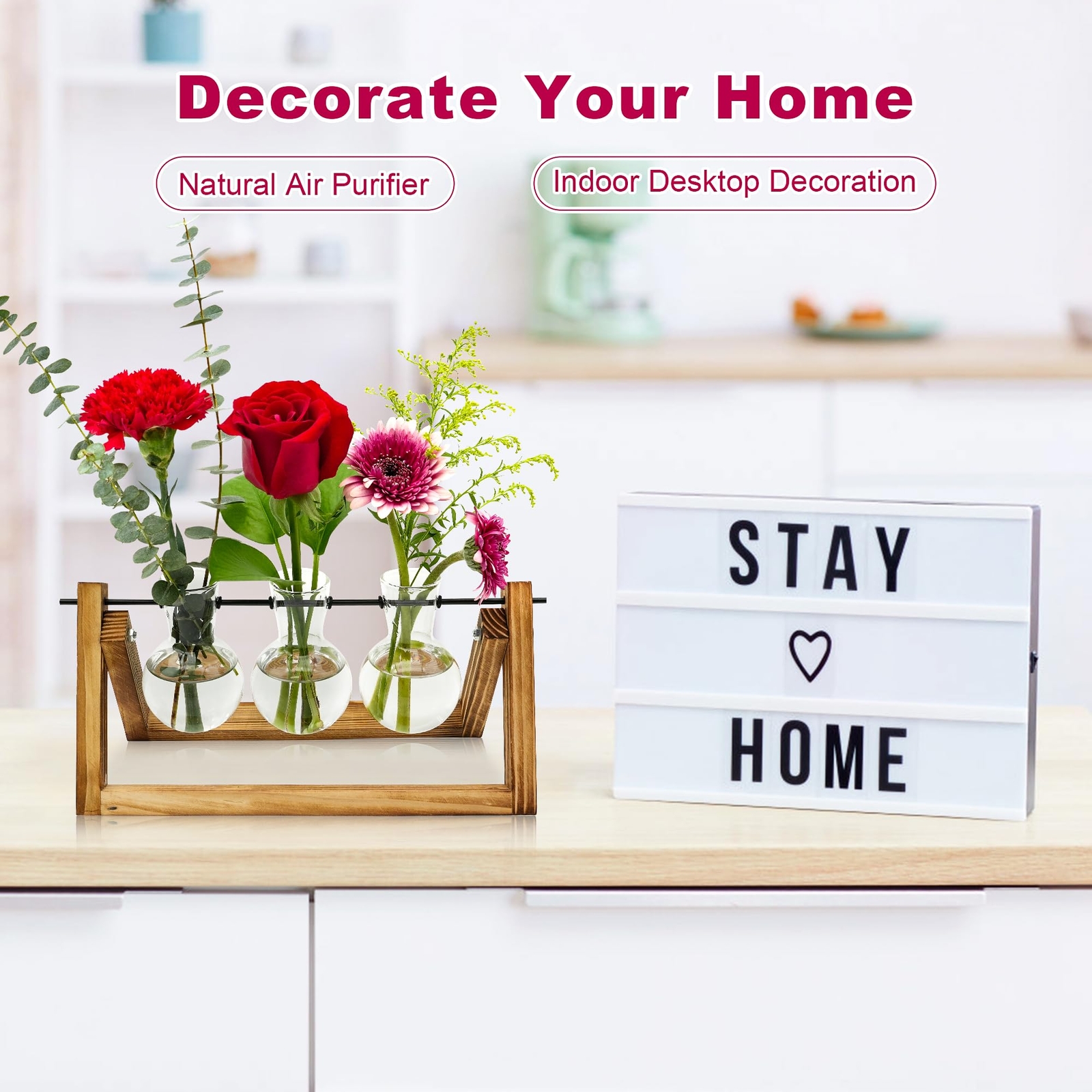 Plant Propagation Station with Wooden Stand for Home Office Decorations 3 Bulb